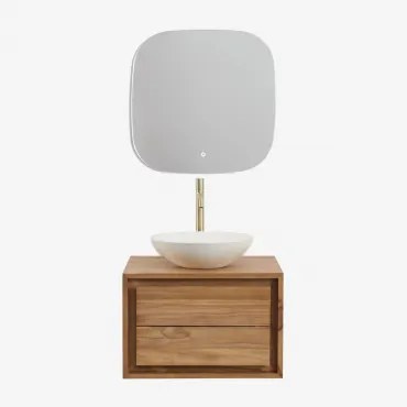 Jabari Teakhouten Badkamermeubelset Teakhout & Rond Cement Wit Ø40 Cm Zavion & Vierkant Led En Anticondens 75x75 Cm Riben & Goud - Sklum