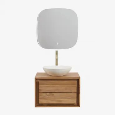 Jabari Zwevend Badkamermeubelset Van Teakhout Teakhout & Rond Cement Wit Ø40 Cm Zavion & Vierkant Led En Anticondens 75x75 Cm Riben & Goud - Sklum