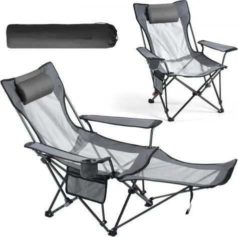 VEVOR opvouwbare campingstoel, relaxstoel met 4 verstelbare standen, comfortabele stoel met bekerhouder, strandstoel van mesh met hoofdsteun en voetensteun, draagvermogen 100 kg, voor kamperen in de buitenlucht, grijs
