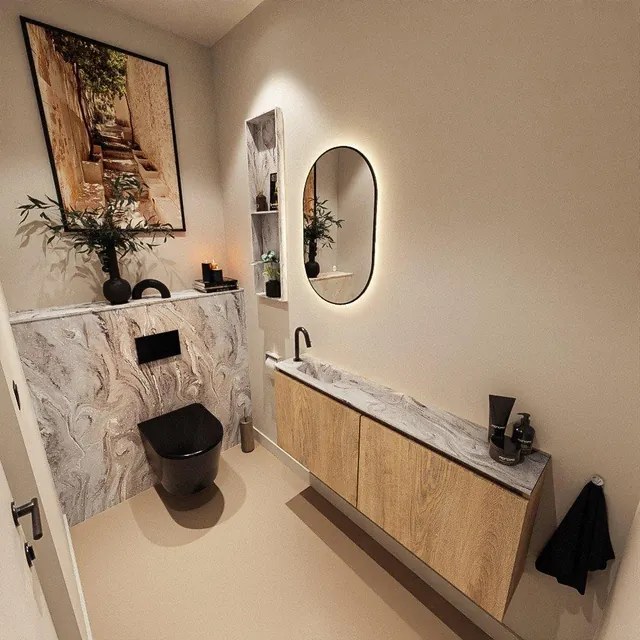 MONDIAZ TURE-DLUX 120cm toiletmeubel Washed Oak. EDEN wastafel Glace positie links. Met 1 kraangat. TUREDX120WASL1GLA