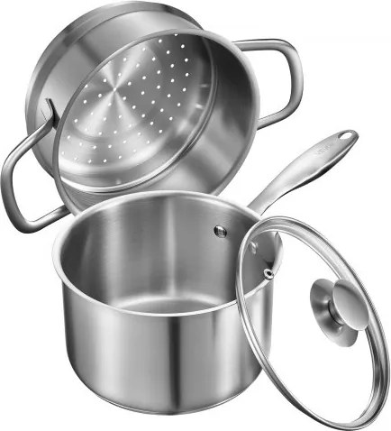 VEVOR Kookpot Grote Capaciteit 2,37 L met Glazen Deksel &amp; Stoomlaag, Soeppan Groentepan met Ergonomische Handgreep, Melkpan Gemaakt van Roestvrij Staal Groentepan Zilver Vaatwasmachinebestendige Sauspan