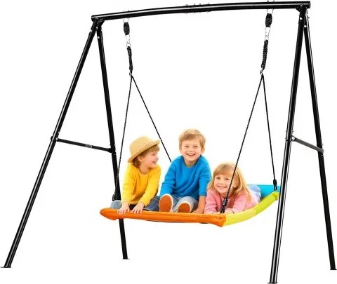 VEVOR tuinschommel met A-vormig metalen frame, schommelzitje (150 x 81 cm), draagvermogen tot 199,6 kg, buitenschommelset, verstevigd met spiraalvormige grondankers, kleurrijke kinderschommel