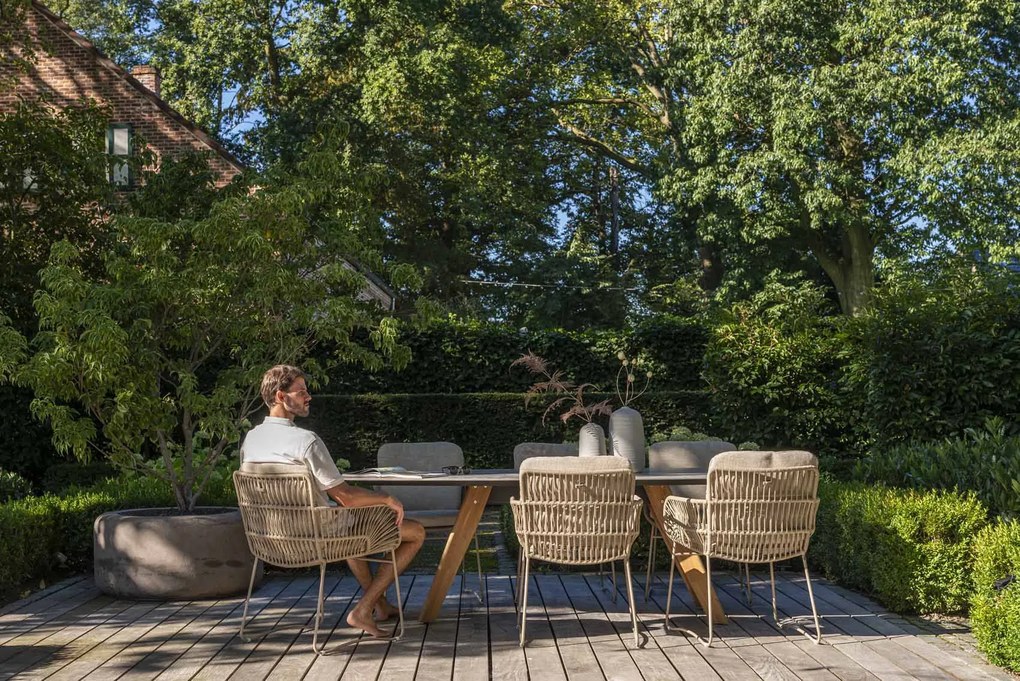 4 Seasons Outdoor Murcia tuinset latte met Montana tafel met keramisch 'barrel' blad 240 x 103 cm * Sale * Tuinset beige weerbestendig