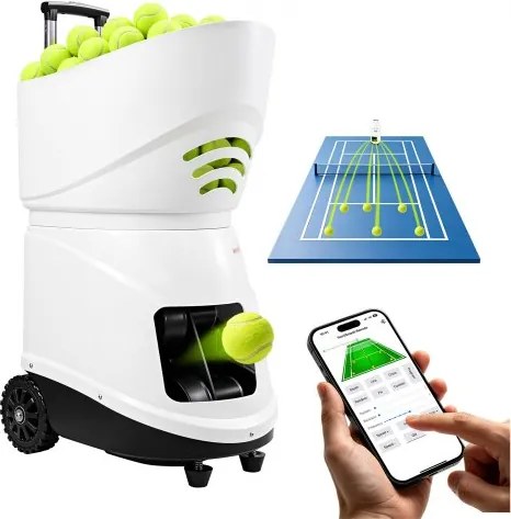 VEVOR Tennisballenmachine, max. 129 km/u, tafelballenwerper, capaciteit 150 ballen, spinregeling, app-bediening, 20 trainingsmodi, 4 uur batterijduur, uitschuifbare handgreep, wielen en kunststof behuizing