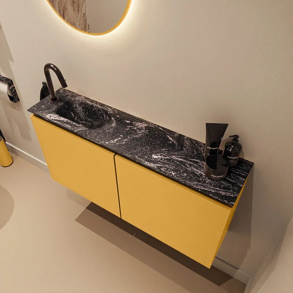 Mondiaz Ture DLux toiletmeubel 100cm ocher met wastafel lava links met kraangat