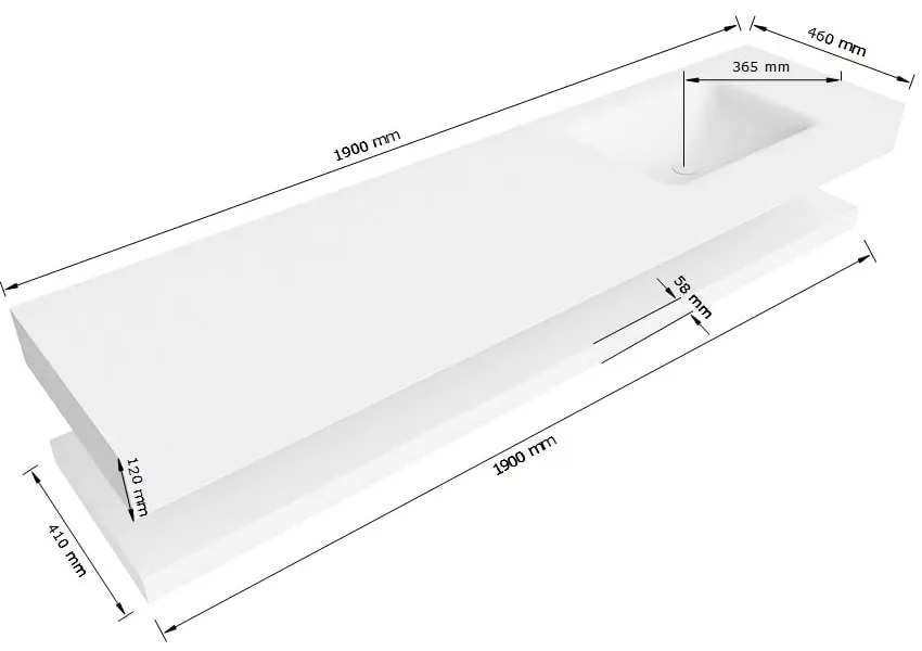 Zaro Alan badmeubel 190cm met planchet talc en vrijhangende wastafel cloud rechts 1 kraangat urban