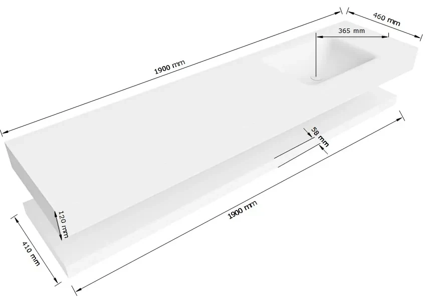Zaro Alan badmeubel 190cm met planchet talc en vrijhangende wastafel cloud rechts zonder kraangat talc