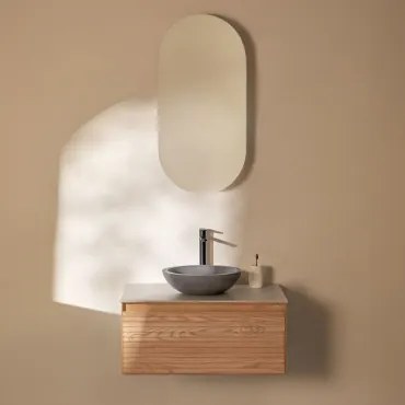 Tedrik Badkamermeubelset In Essenhout Ash Brown & Rond Grijs Cement Ø40 Cm Tarsis & Ovaal Met Opbergruimte 45x90 Cm Abner & Zwart - Sklum