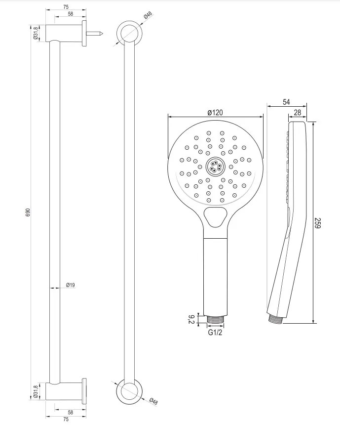 Brauer Chrome Carving thermostatische badkraan met glijstang en 3 standen handdouche chroom