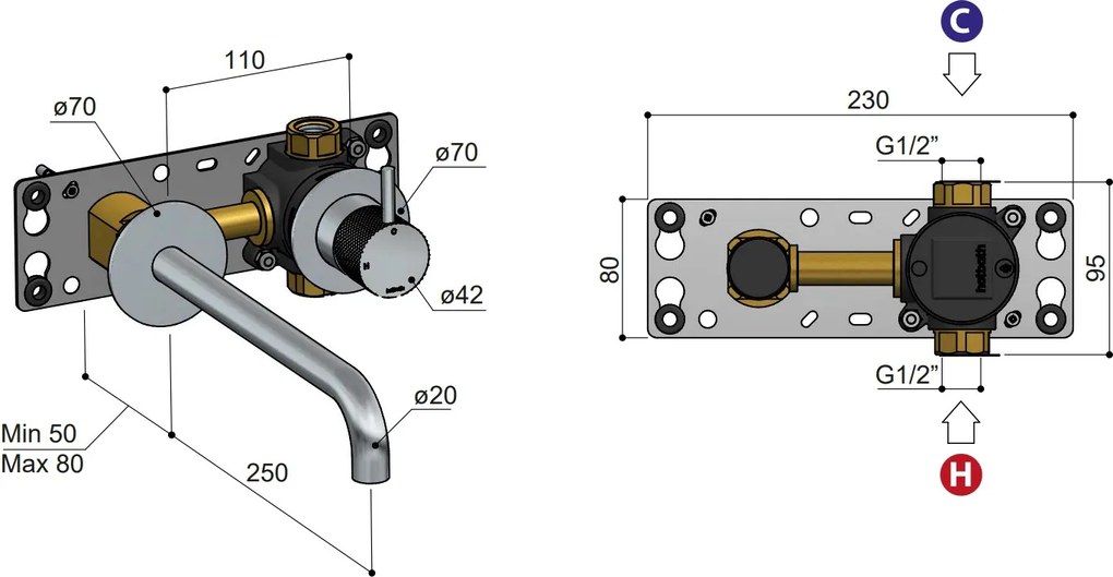 Hotbath Cobber X inbouw wastafelmengkraan 25cm geborsteld nikkel