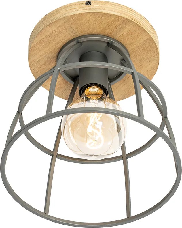 Industriële plafondlamp donkergrijs met hout - Arthur