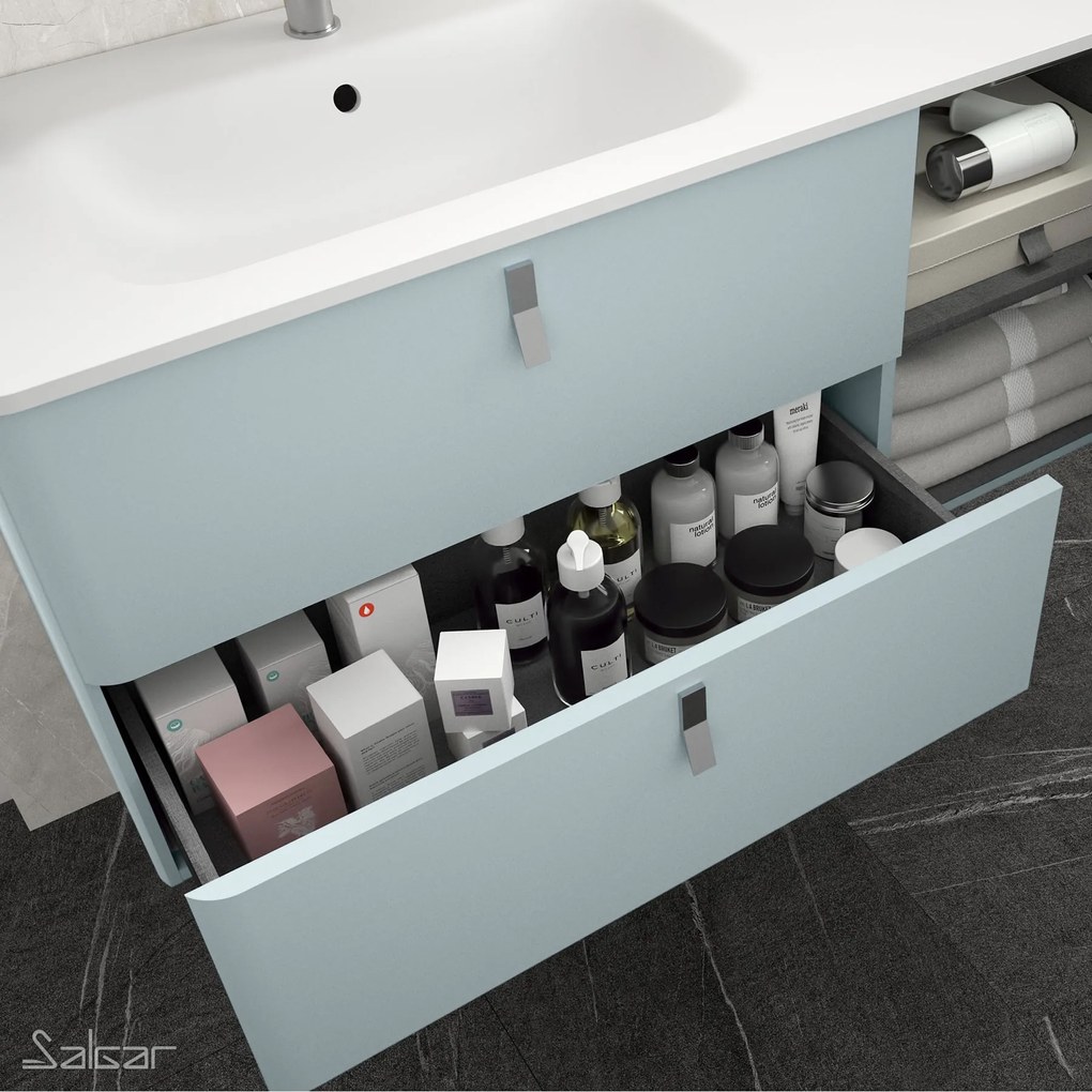 Muebles Unique badmeubel 120cm links cielo blauw met waskom en zwarte grepen