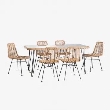 Rechthoekige Tafelset In Synthetisch Riet (180x90 Cm) Leribert En 6 Eetkamerstoelen In Synthetisch Rotan Naturel Gouda Natuurlijk & Geen Kussen -