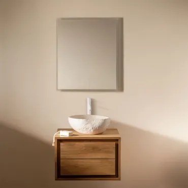 Jabari Zwevend Badkamermeubelset Van Teakhout Teakhout & Onregelmatige In Wit Cement ↔︎40 Cm Fedro & Rechthoekige Led En Anticondens - Sklum