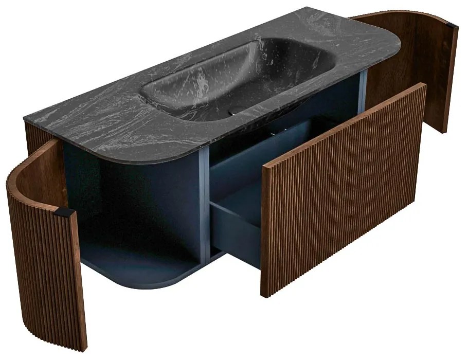 Mondiaz Kurve-dlux 120cm badmeubel ronding links/rechts walnut met 1 lade en 2 deuren en wastafel big small midden 1 kraangat lava