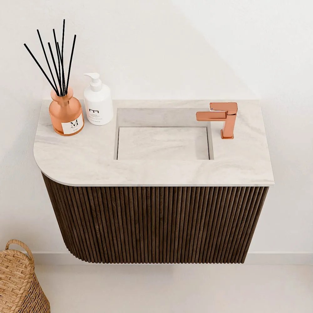 Mondiaz Joya DLux 50cm toiletmeubel ronding links walnut met wastafel faye rechts 1 kraangat ostra