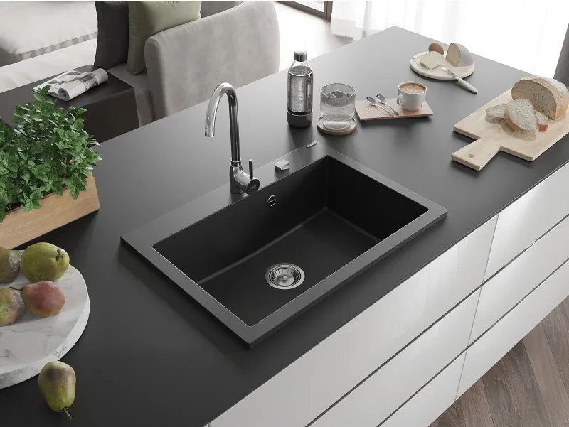 Mexen Elix granieten enkelvoudige spoelbak 700 x 500 mm, zwart, chromen sifon - 6526701005-77