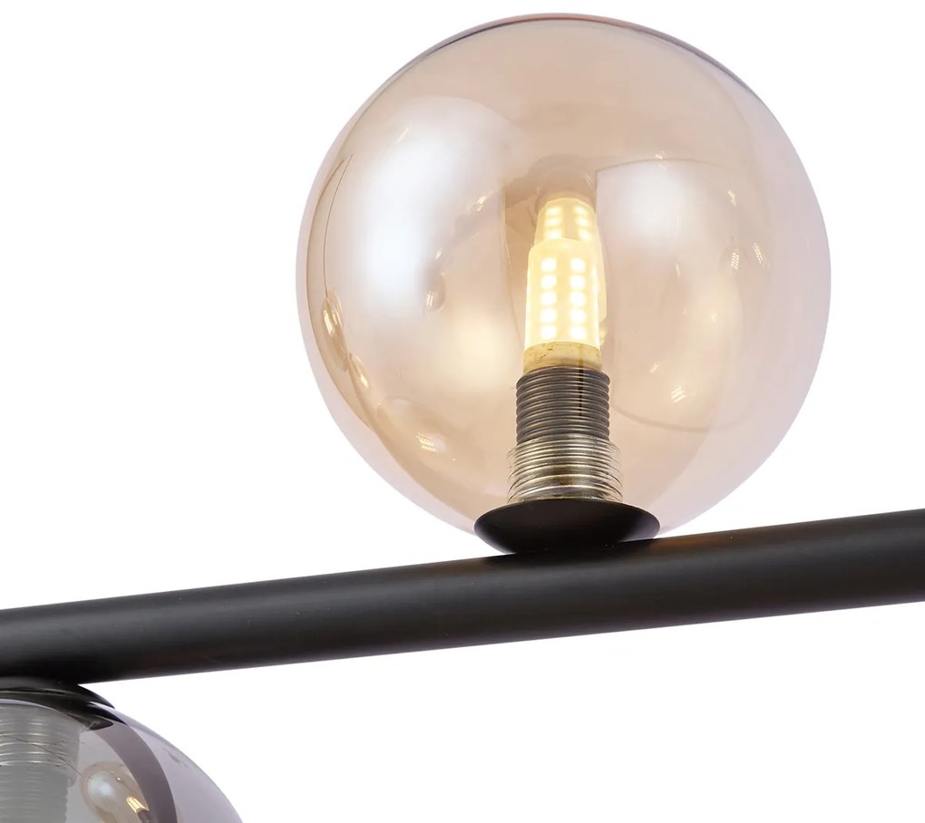 Hanglamp zwart met smoke en amber glas langwerpig 8-lichts - Monaco