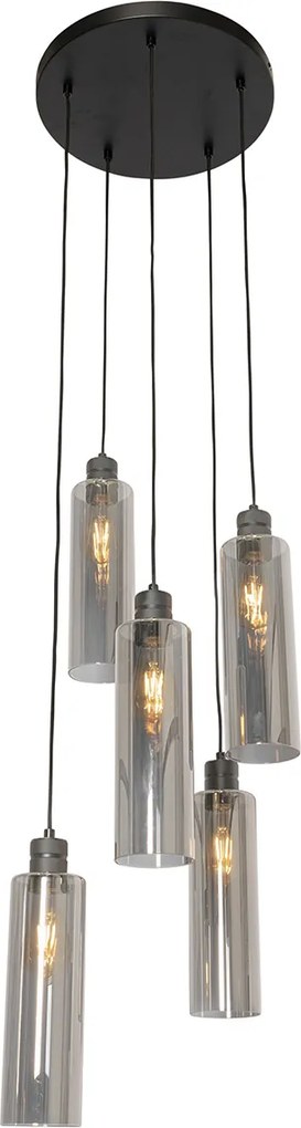 Moderne hanglamp zwart met smoke glas 5-lichts - Stavelot