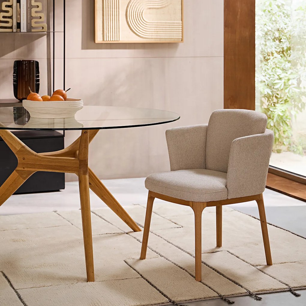 Tafelfauteuil met eikenhouten poten en gevlochten stof Jabote