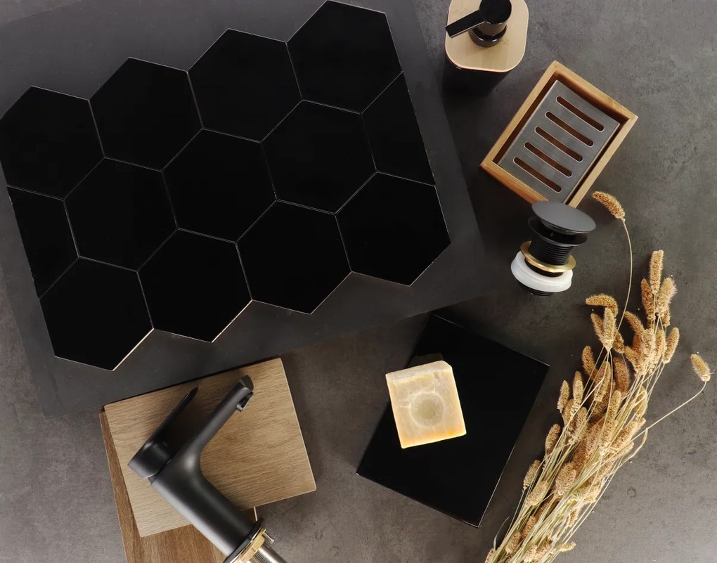 Hoogglans Handvorm Wandtegel 10.8x12.4 Cm Hexagon Princeton Zwart RBT53