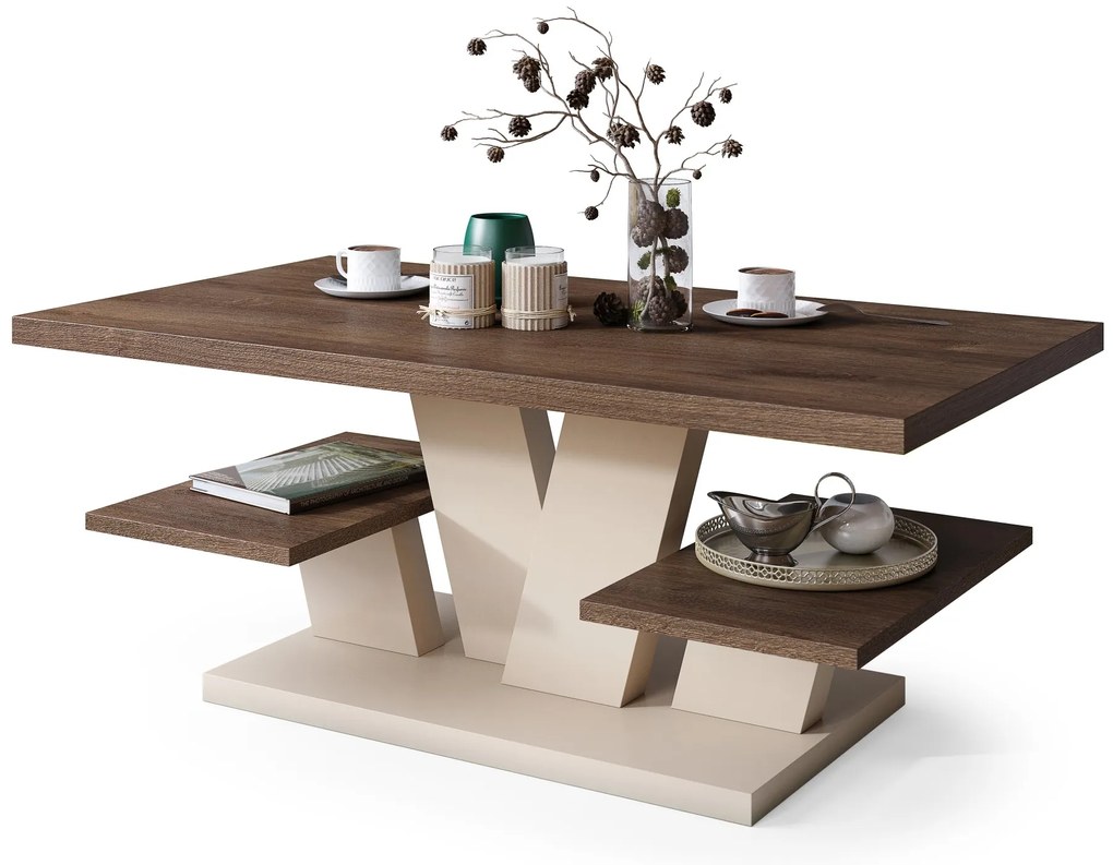 Mazzoni VIVA MAT Bruin eik/beige - MODERNE KOFFIE TAFEL MET SCHAPPEN