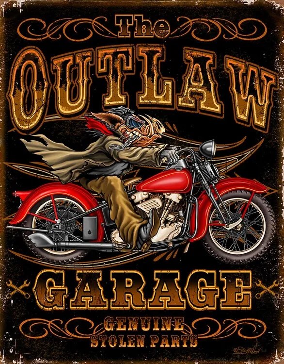 Metalen wandbord Outlaw Garage Bikes, (31.5 x 40 cm)