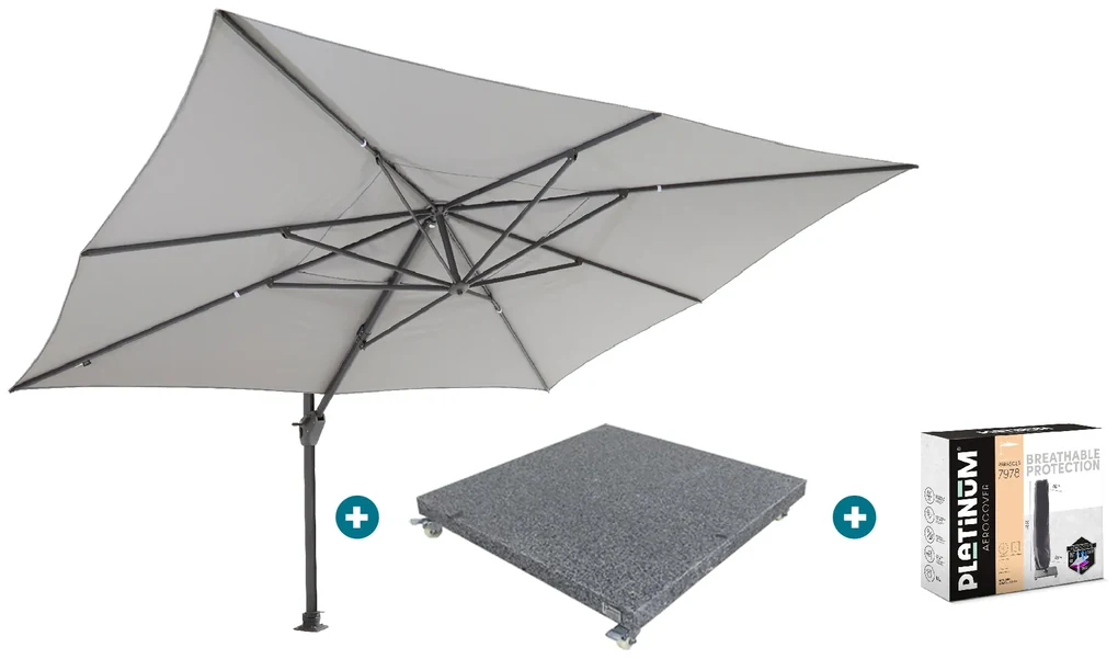 4-Seasons zweefparasol Hacienda 300 x 400 - Mid Grey met voet en hoes