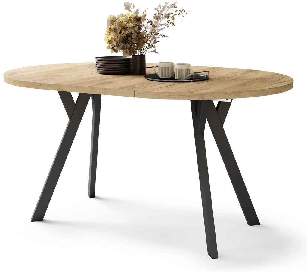ALMO 100 Eiken Craft Gold/Zwarte poten - RONDE LOFT/INDUSTRIËLE TAFEL VOOR WOONKAMER/EETKAMER, UITSCHUIFBAAR
