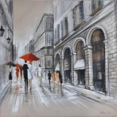 Schilderij -Handgeschilderd - Regenachtige dag  - grijs rood - 100x100cm
