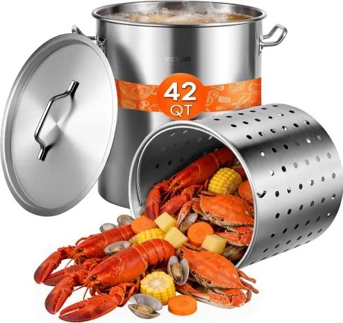 VEVOR Kookpan 39,7 L Roestvrij staal, 350 x 410 mm Grote soeppan met zeef, Geschikt als aspergepan Sauspan, Praktische keukenpan Grote ingrediënten