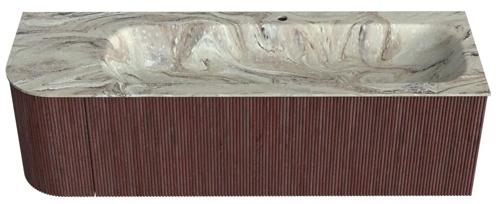 Mondiaz Kurve-dlux 145cm badmeubel ronding links ruby met 1 lade en deur en wastafel big large kraangat rechts glace