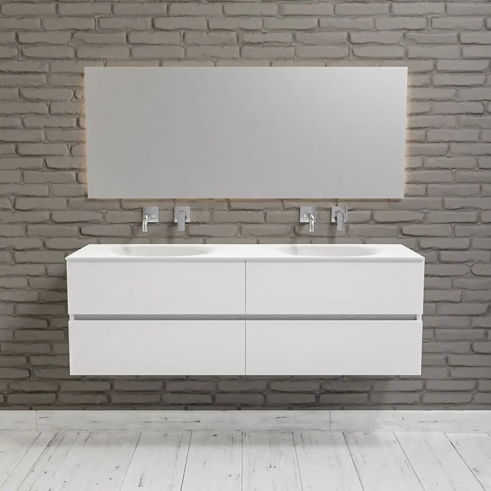 Zaro Sevilla Solid Surface badmeubel 150cm mat wit zonder kraangat dubbele spoelbak 4 lades