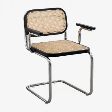 Set Van 2 Eetkamerstoelen Met Armleuningen Van Rattan En Staal Tento Gewoon Zwart & Grijs – Chroom - Sklum