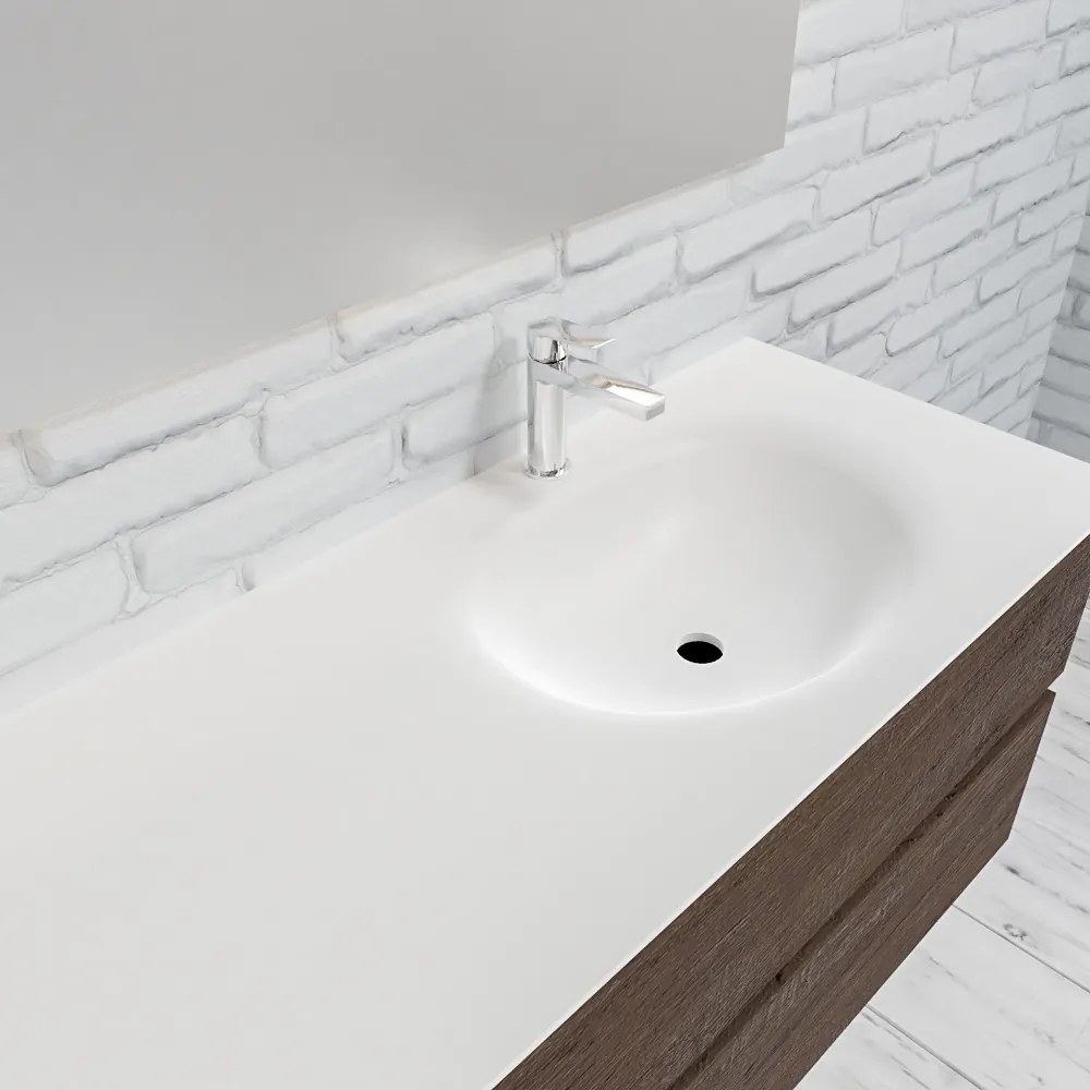 Zaro Sevilla Solid Surface badmeubel 150cm donker eiken 1 kraangat spoelbak rechts met 2 lades