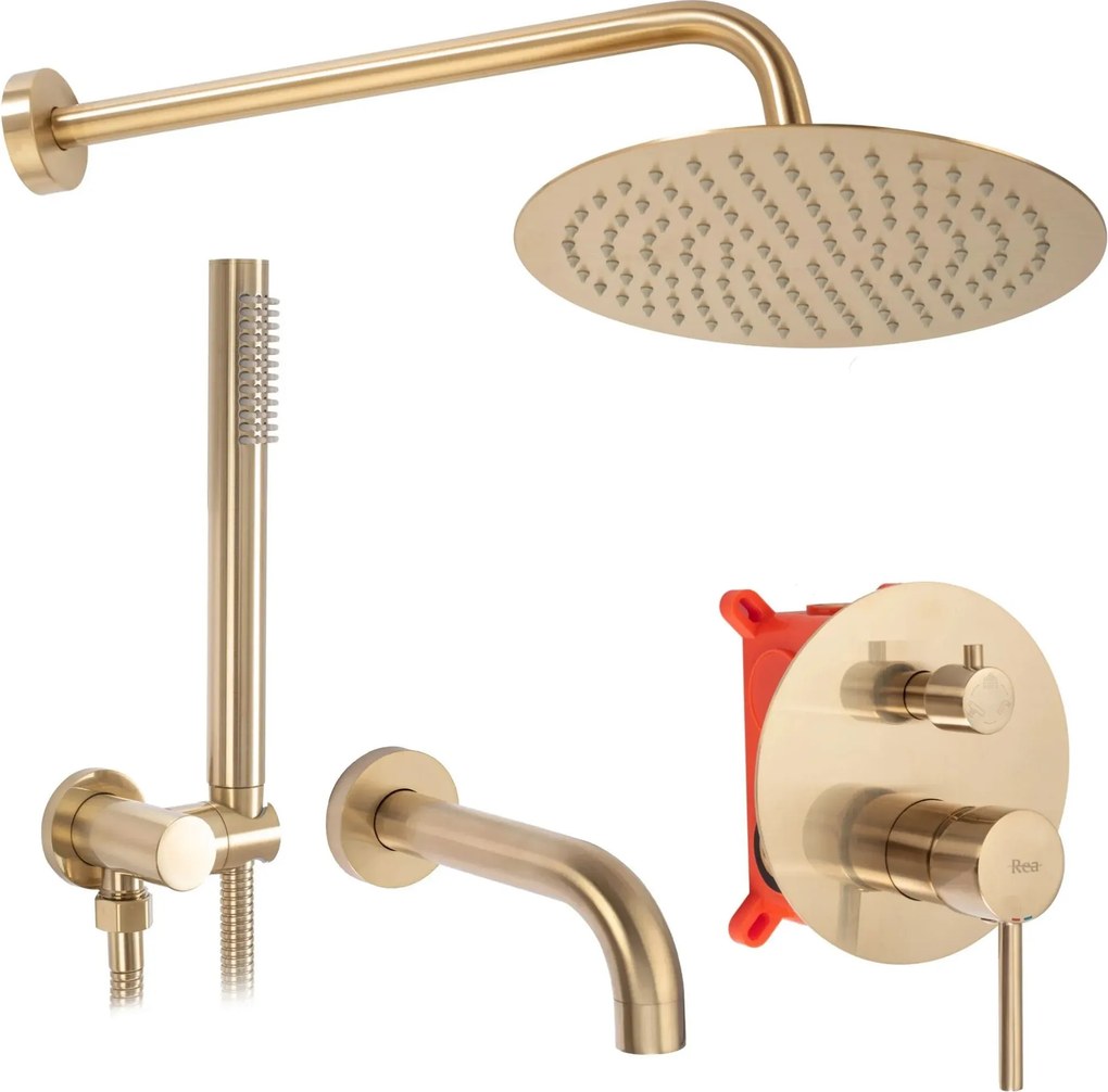 Inbouw regendoucheset Rea Lungo Gold Brush met uitloop + BOX