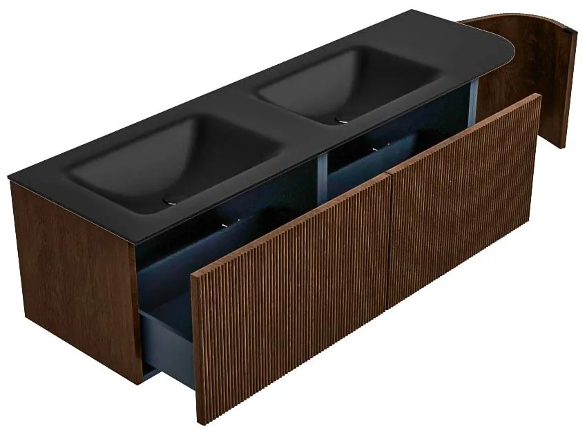 Mondiaz Kurve 155cm badmeubel ronding rechts walnut met 2 lades en 1 deur en wastafel cloud dubbel/links zonder kraangat urban