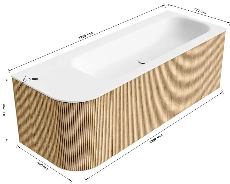 Mondiaz Kurve 125cm badmeubel ronding links oak met 1 lade en deur en wastafel big medium kraangat rechts urban