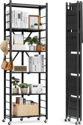 VEVOR 6-laags opvouwbare planken met wielen, 30 x 61 x 183 cm, opvouwbare, robuuste plankenkast, vrijstaande plankenkast, huishoudelijke plankenkast, keukenplankenkast, metalen plankenkast voor garage, keuken, kelder, zwart