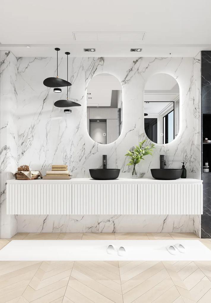 Fontana Stripe mat wit badmeubel ribbelfront 240cm met zwarte waskommen en ovale LED spiegels