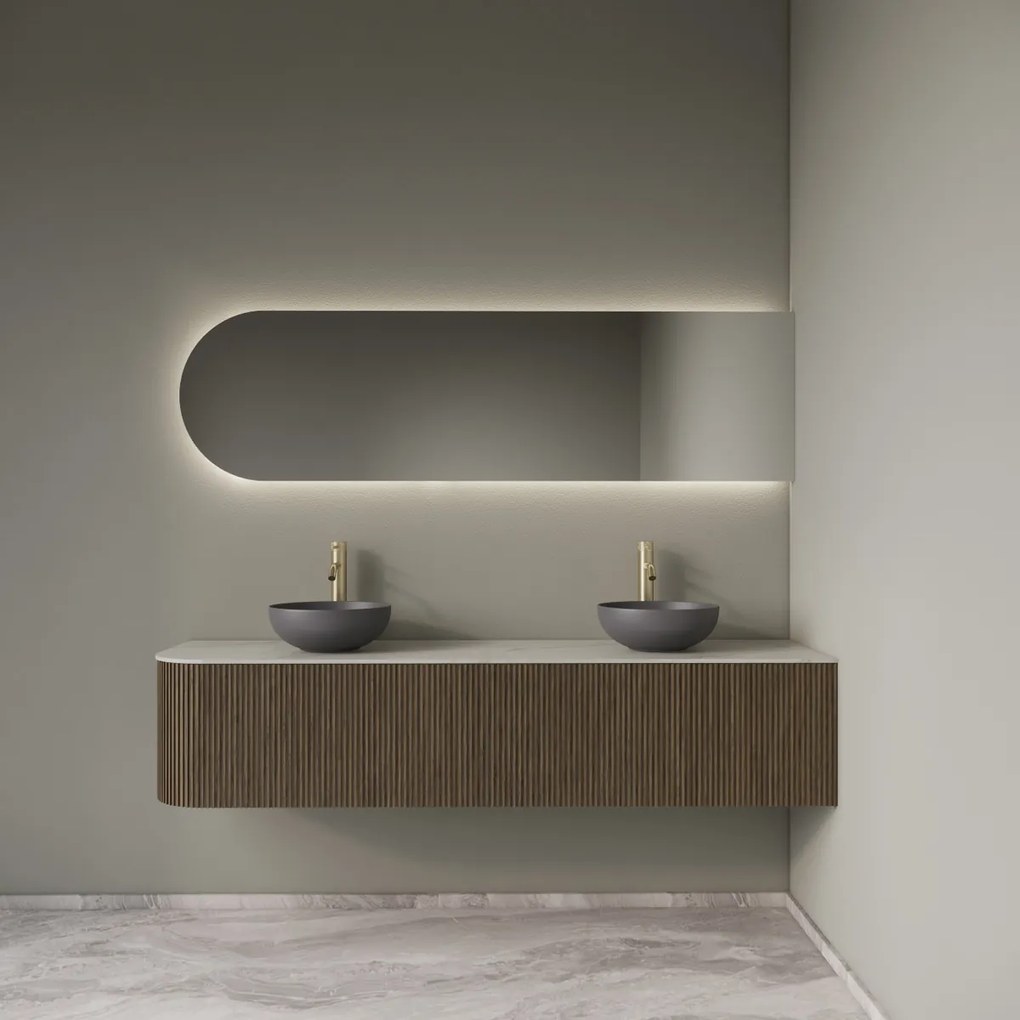 Gliss Design Alluro badmeubel ribbelfront met ronding links 180cm ash grey en wit marmer toppaneel