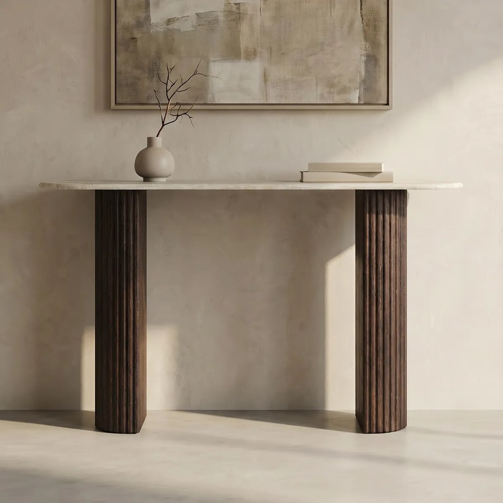 Ovale Sidetable Travertin En Walnoot - 130 X 35cm.
