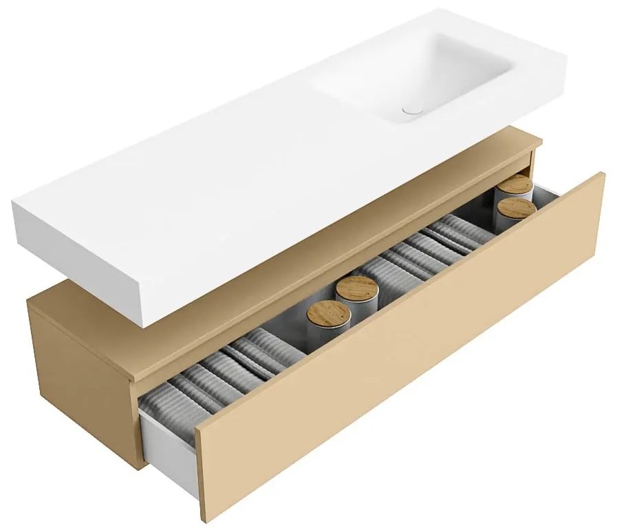 Zaro Alan badmeubel 150cm sand met 1 lade en vrijhangende wastafel rechts zonder kraangat wit mat