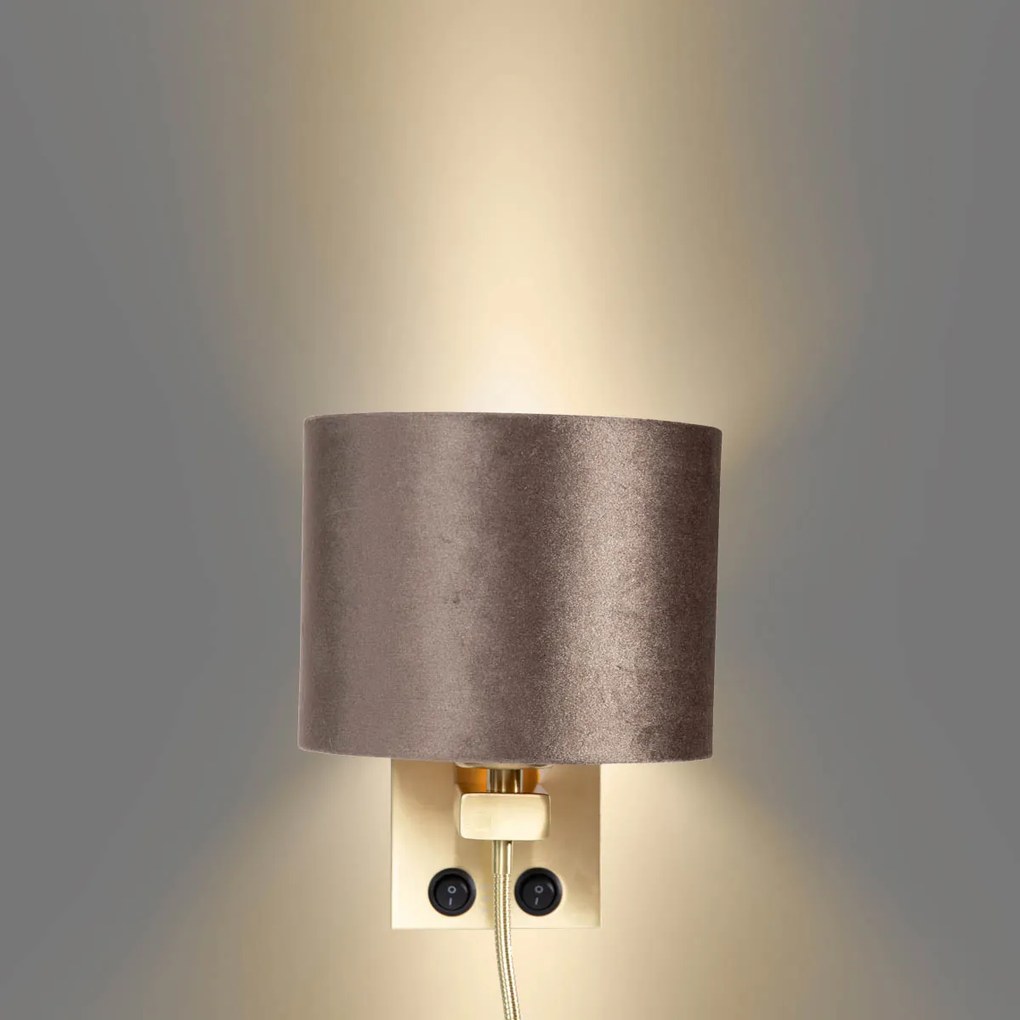 Wandlamp brons met velours kap bruin 18cm - Brescia Klassiek / Antiek, Modern E27 rond Binnenverlichting Lamp