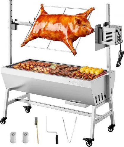 VEVOR Rotisserie Grill 38 W voor speenvarken, lamsvlees of houtskool (94 cm grilllengte) met een draagvermogen van 60 kg, wielen en 7-voudige hoogteverstelling, roestvrijstalen elektrische grillset voor kamperen en buitengebruik