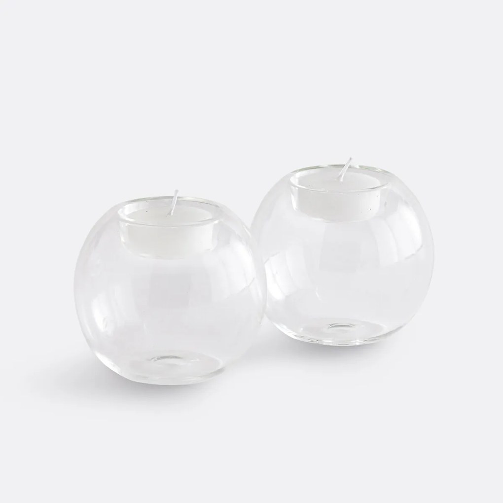 Set van 2 kandelaars van transparant glas, hoogte 7,5 cm, OVIA