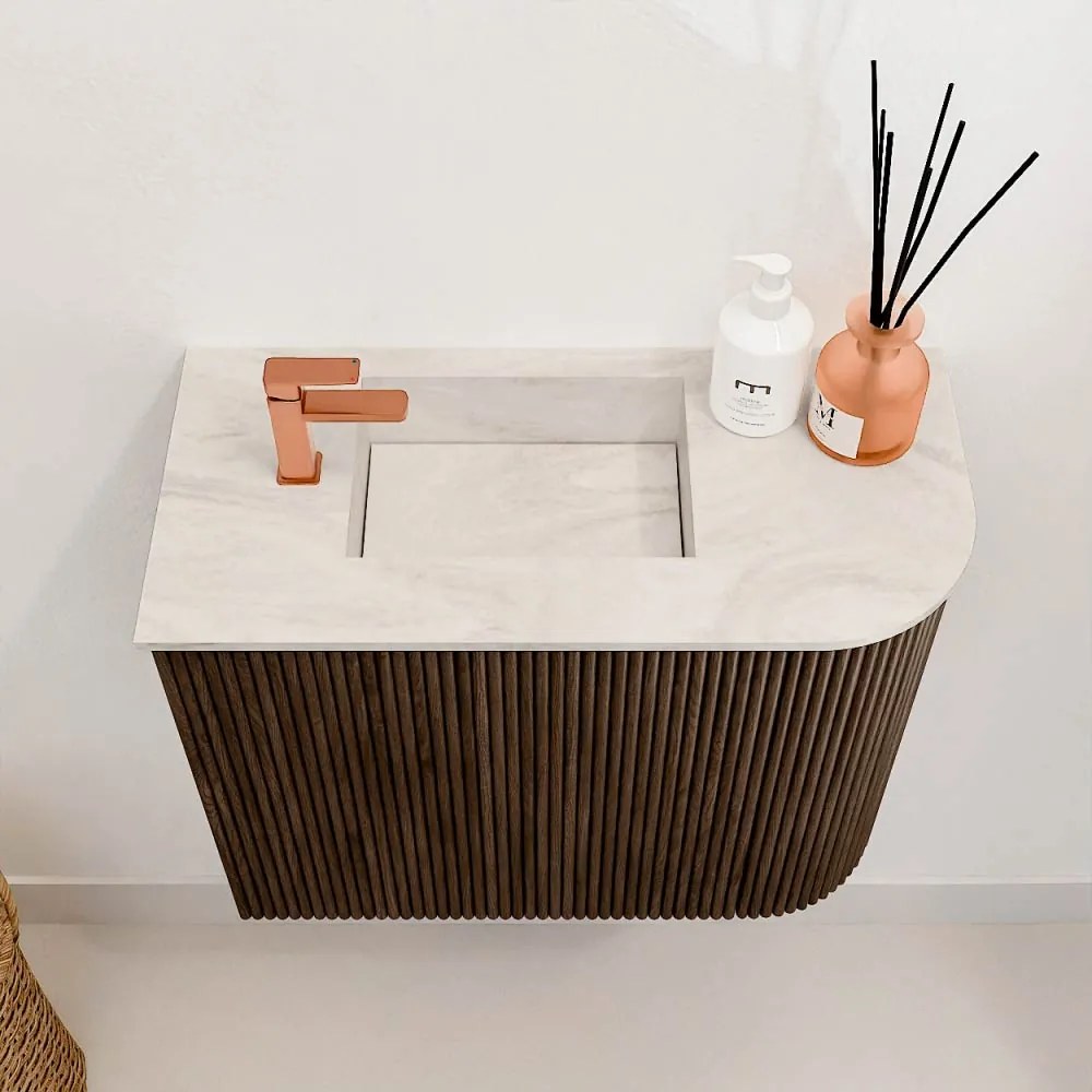 Mondiaz Joya DLux 50cm toiletmeubel ronding rechts walnut met wastafel faye links 1 kraangat ostra