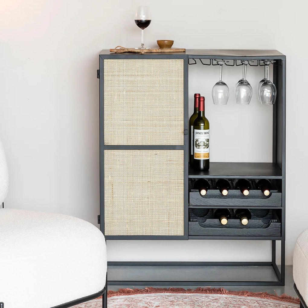 Wijnkast Japandi Zwart Met Rotan - 80x38x100cm.