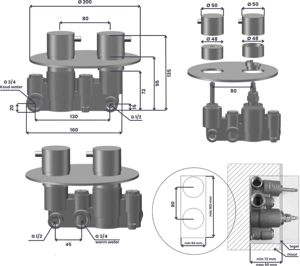 Saniclear Brass Curved rond inbouw thermostaat met inbouwdeel geborsteld messing - mat goud