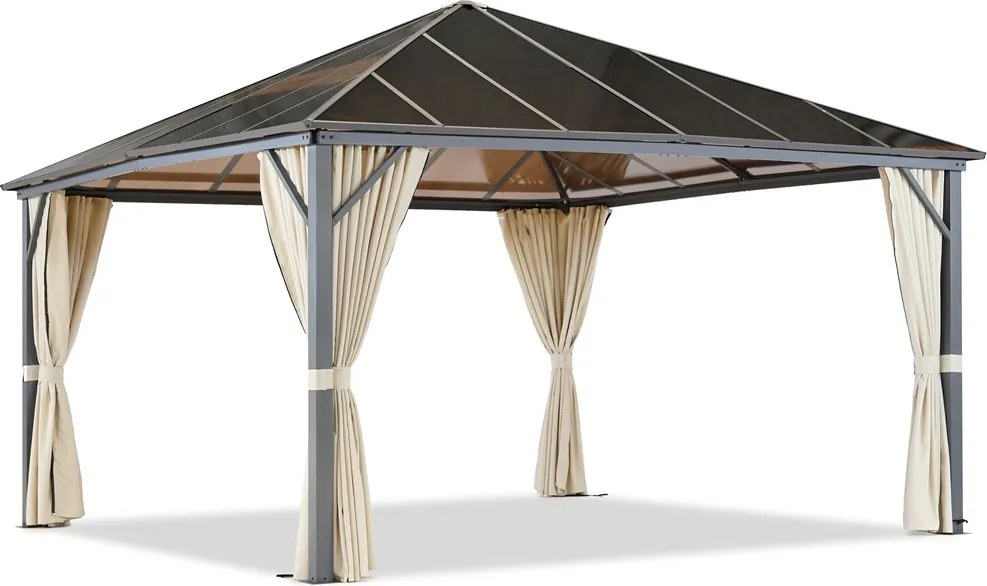 Milos tuinhuisje 4x4m met crèmekleurige gordijnen Tuinpunt